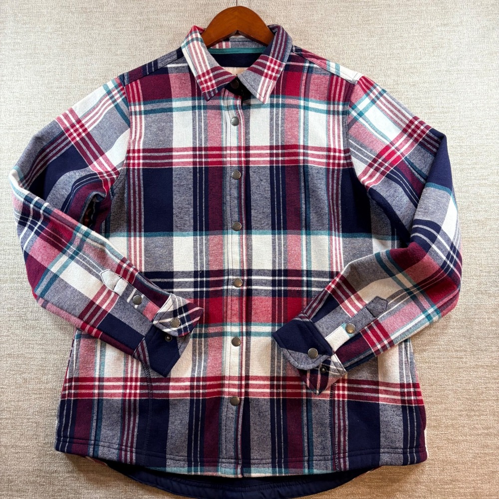 Orvis Fleece Lined Flannel Shirt Jacket Shacket Womens Med Red Blue Tartan Plaid